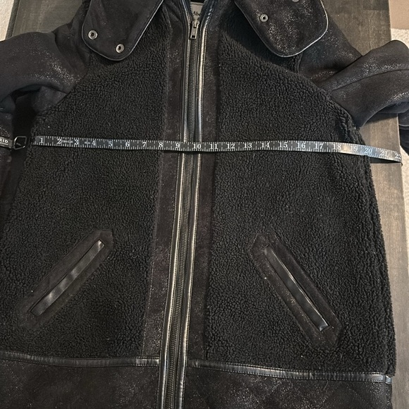 Abercrombie & Fitch Black Long Line Sherpa Faux Suede 2 Way Zip Winter Coat - Picture 7 of 8